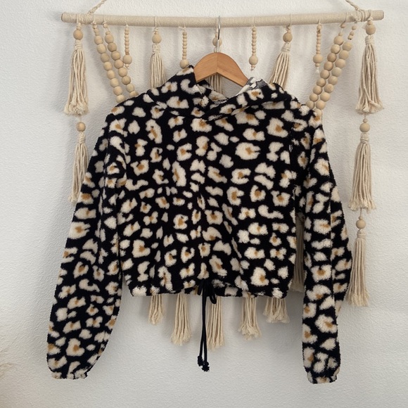 wild fable leopard crop sherpa hoodie sweatshirt small or large - Picture 2 of 16